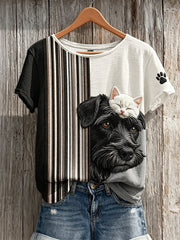 Women's Sleeping Cat & Dog Paw Print Colorblock Print short-sleeved T-shirt gracestitchs