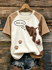 Women's cute dog pattern printed casual washed short-sleeve T-shirt gracestitchs