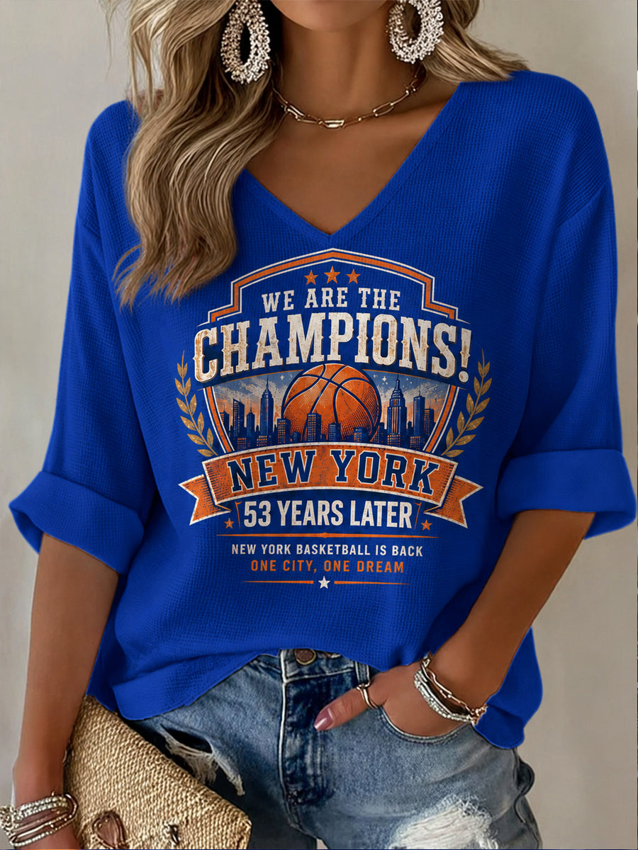 Women's New York Basketball Champions Celebration Print Casual Waffle Half-Sleeve V-Neck T-Shirt gracestitchs