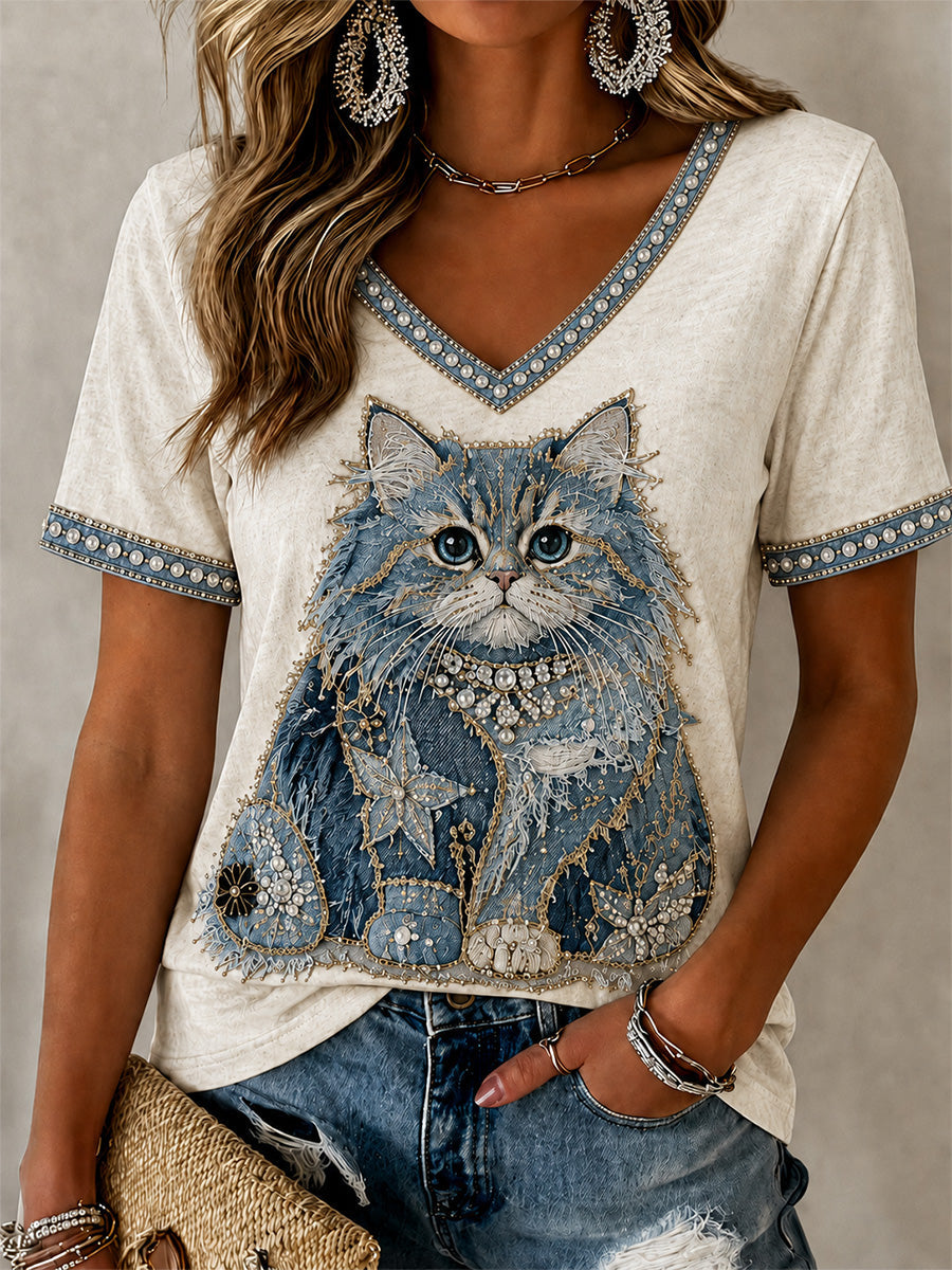Women's Cowboy Cat Print Casual V-Neck Tee gracestitchs