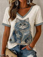 Women's Cowboy Cat Print Casual V-Neck Tee gracestitchs