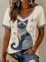Women's Cowboy Cat Print Casual V-Neck Tee gracestitchs