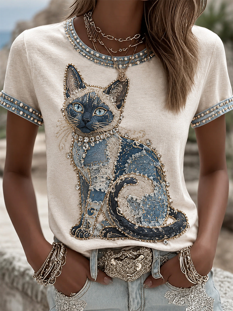 Women's Cowboy Cat Print Casual Tee gracestitchs