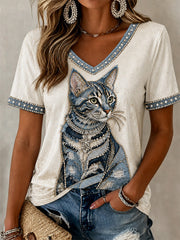 Women's Cowboy Cat Print Casual V-Neck Tee gracestitchs