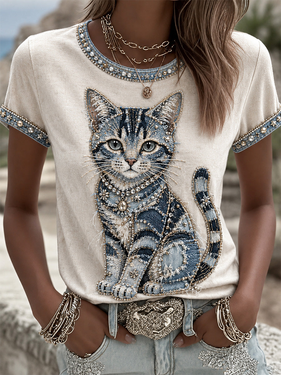 Women's Cowboy Cat Print Casual Tee gracestitchs