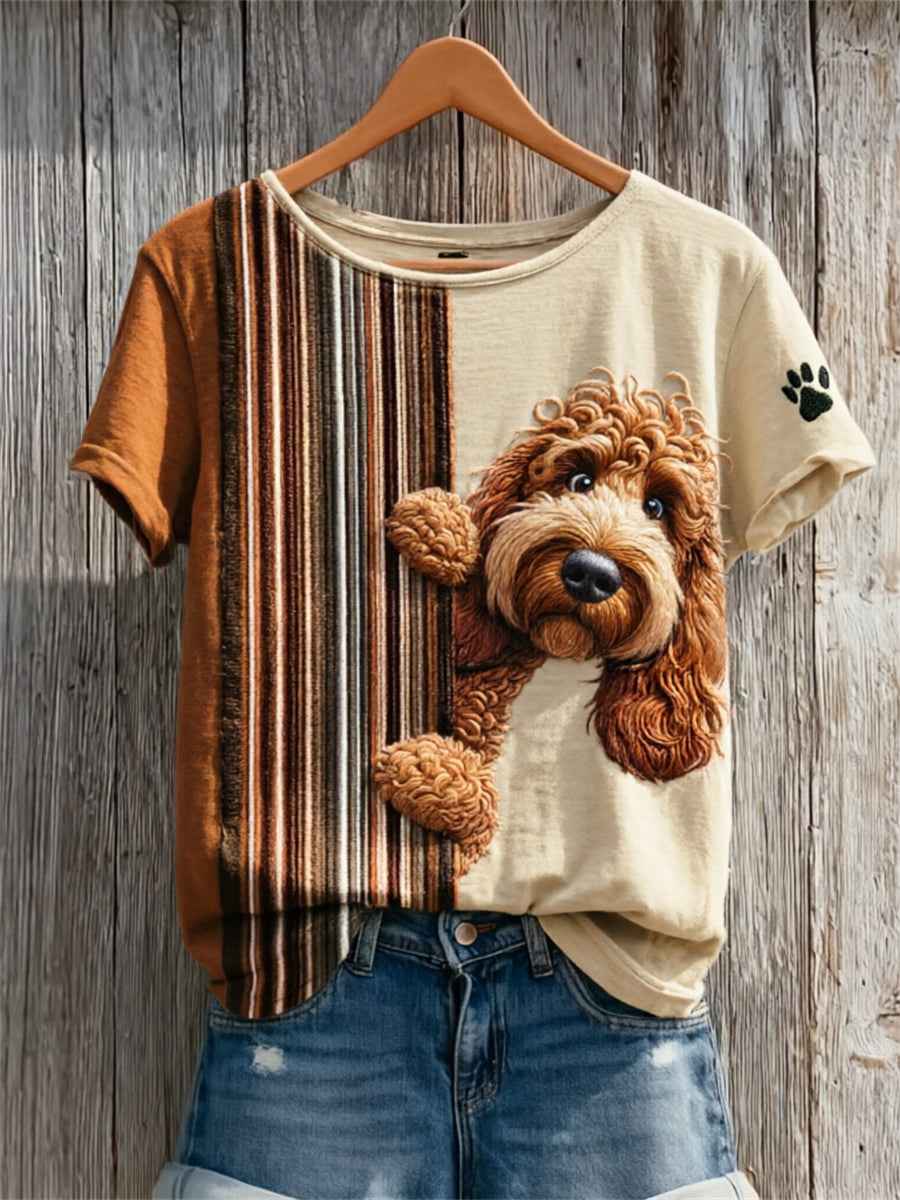 Women's Peeking Poodle Dog & Paw Print Colorblock Print short-sleeved T-shirt