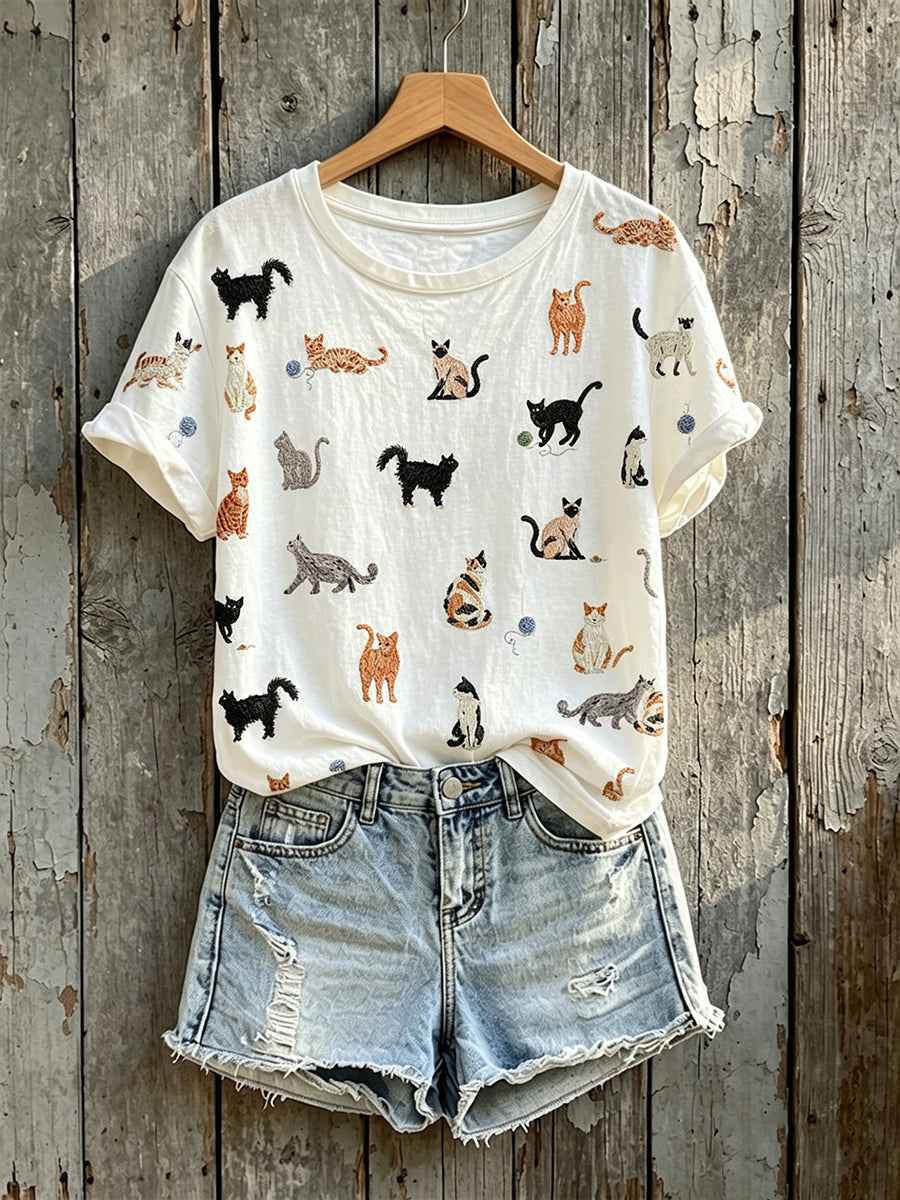 Women's Lovely Cats Print Short-sleeved T-shirt