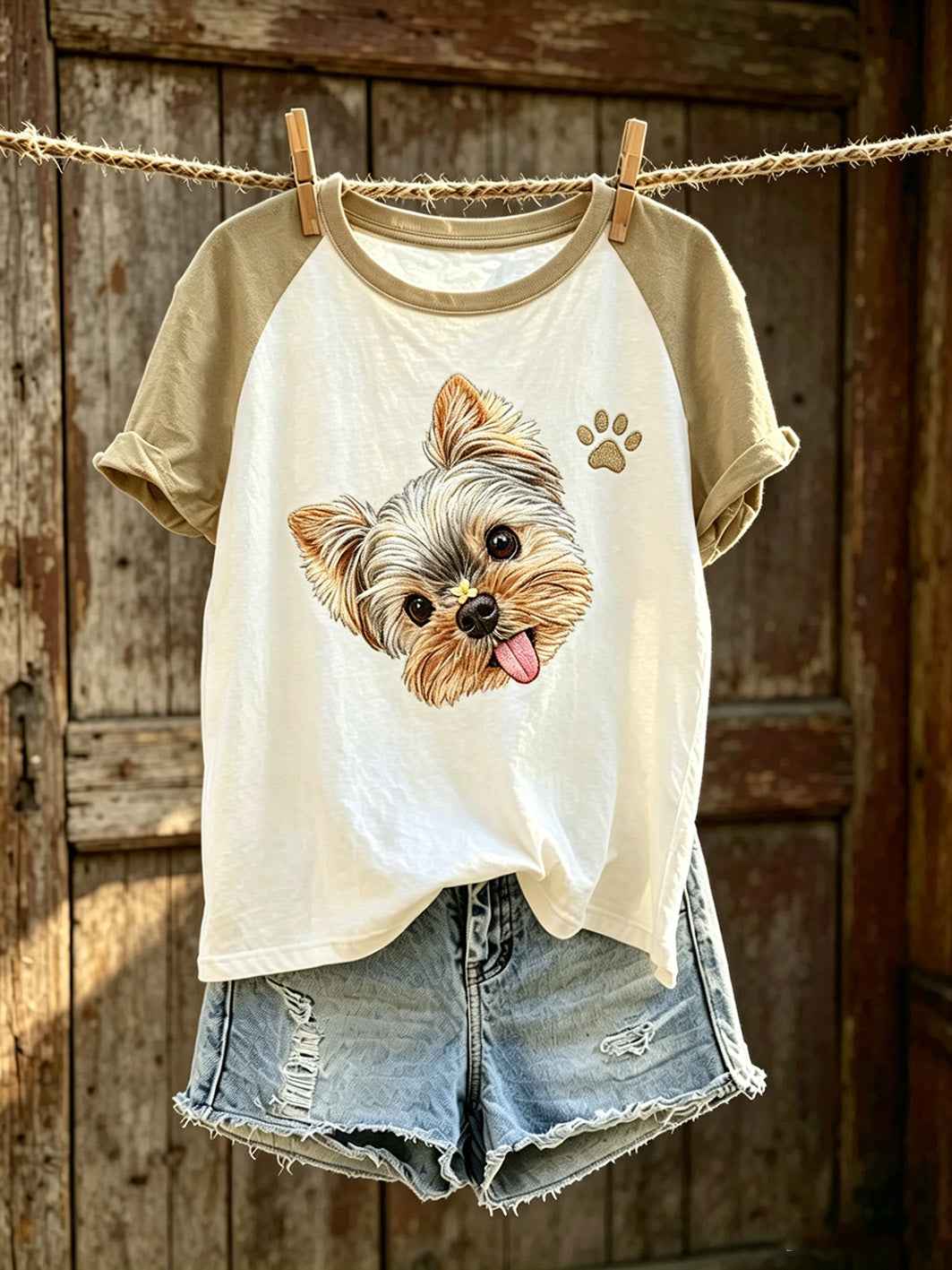 Women's cute dog pattern color-blocked design casual short-sleeve T-shirt