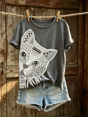 Women's cute cat pattern color-blocked design casual short-sleeve T-shirt
