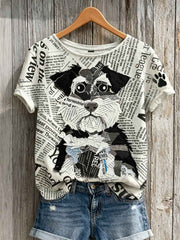 Women's Schnauzer Dog & Paw Print Newspaper Patchwork Art Print short-sleeved T-shirt