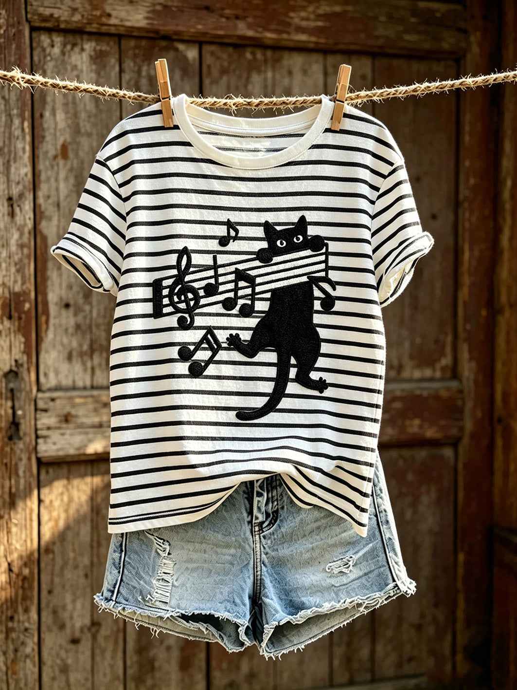 Women's cute cat pattern color-blocked design casual short-sleeve T-shirt