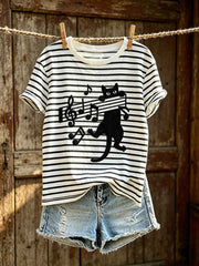 Women's cute cat pattern color-blocked design casual short-sleeve T-shirt