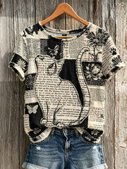 Women's Cat & Paw Print Floral Newspaper Patchwork Art Print short-sleeved T-shirt