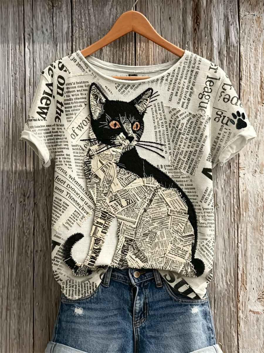 Women's Cat & Paw Print Newspaper Patchwork Art Print short-sleeved T-shirt