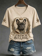 Women's Retro Dog Print Casual V-Neck Tee