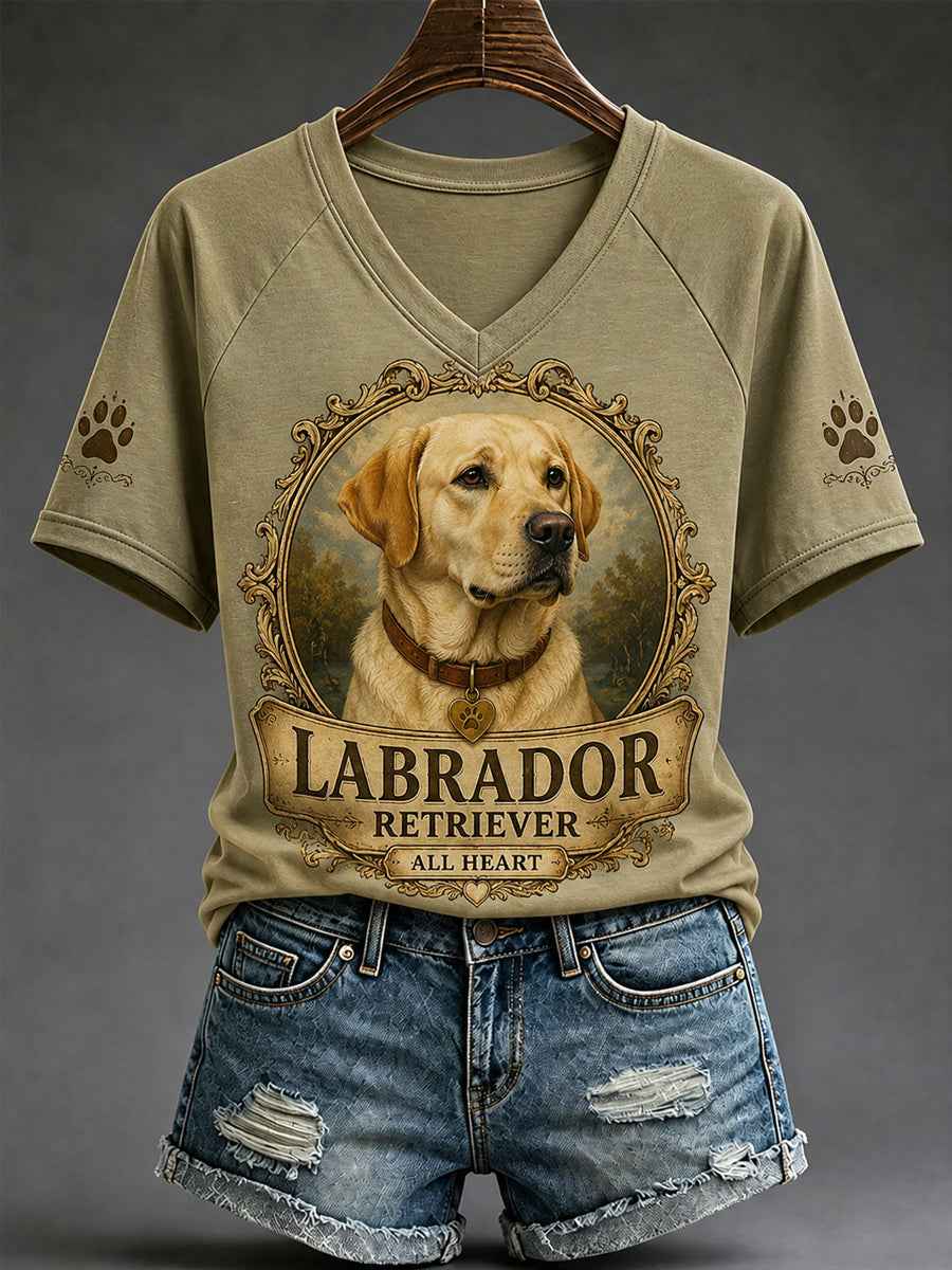 Women's Retro Dog Print Casual V-Neck Tee