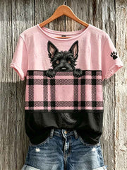 Women's Peeking Scottish Terrier Dog & Scotland Tartan Colorblock Print short-sleeved T-shirt