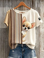 Women's Peeking Chihuahua Dog & Paw Print Colorblock Print short-sleeved T-shirt
