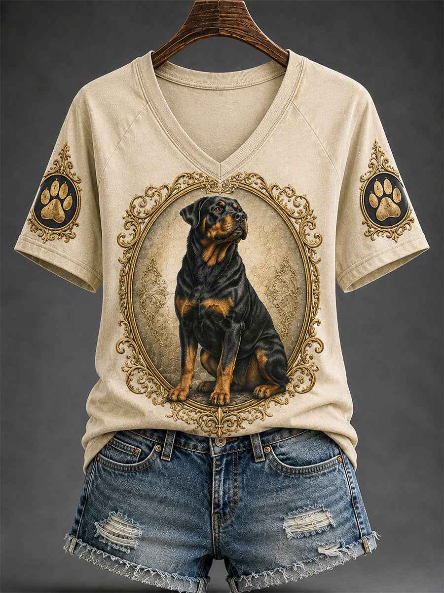 Women's Retro Dog Print Casual V-Neck Tee