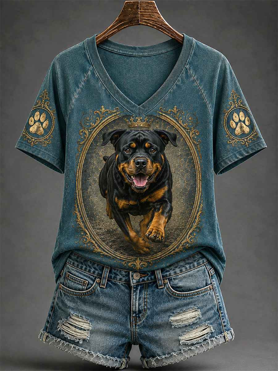 Women's Retro Dog Print Casual V-Neck Tee