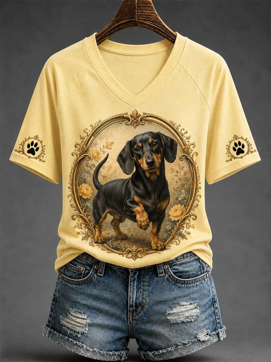 Women's Retro Dog Print Casual V-Neck Tee