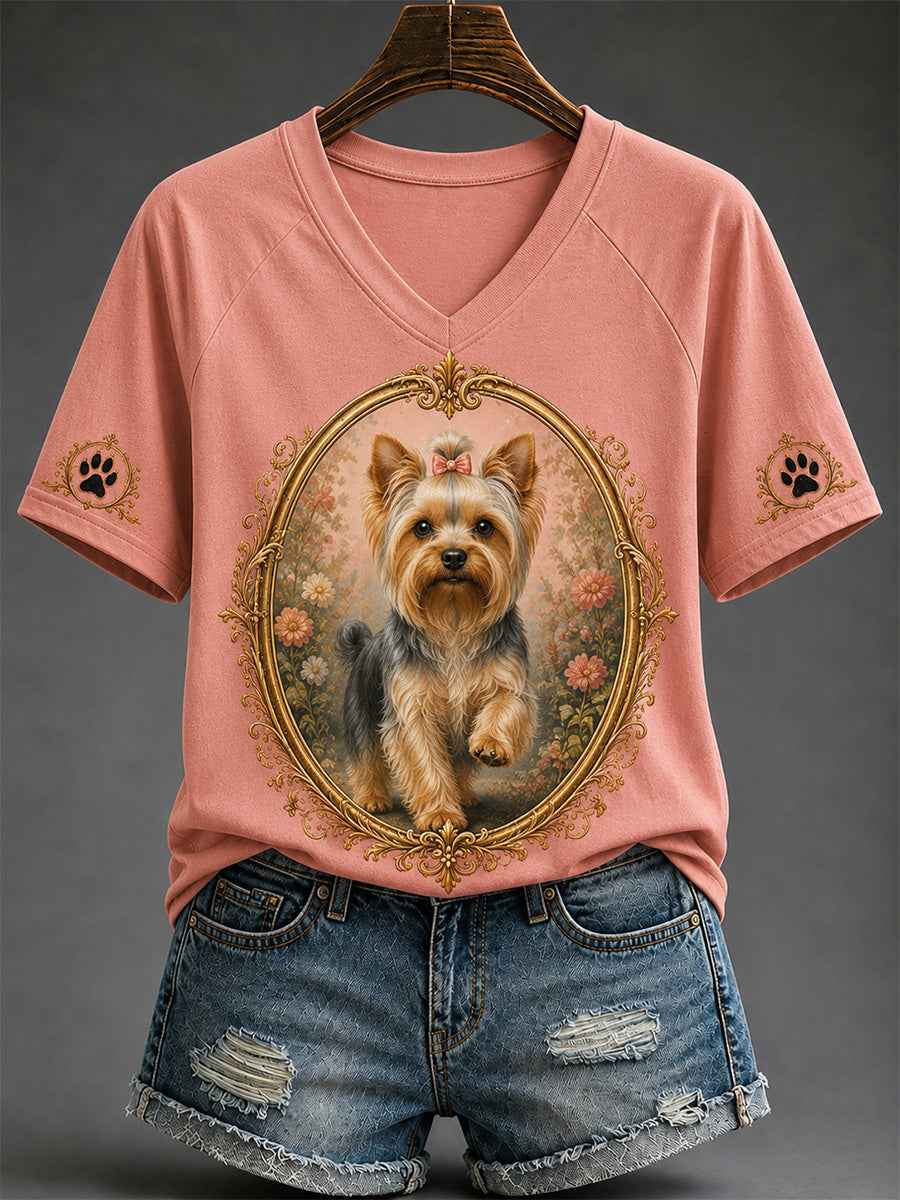 Women's Retro Dog Print Casual V-Neck Tee