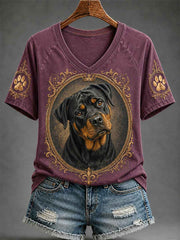 Women's Retro Dog Print Casual V-Neck Tee