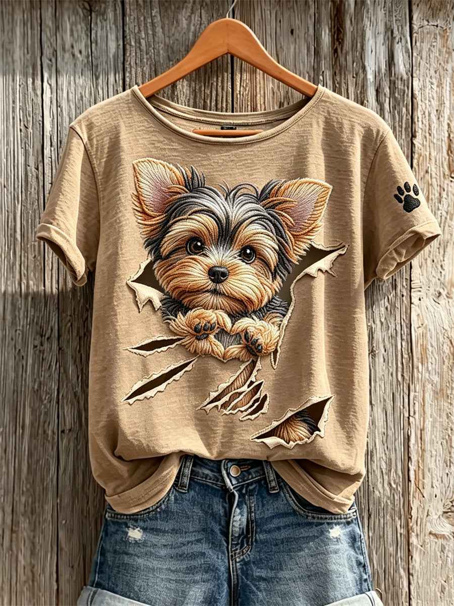 Women's Peeking Yorkshire Terrier Dog from Torn Crack Print short-sleeved T-shirt