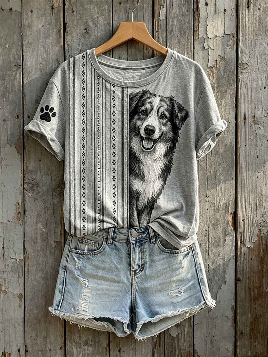 Women's Sheepdog Peeking Print Short-sleeved T-shirt