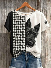 Women's Peeking Scottish Terrier Dog Houndstooth Colorblock Print short-sleeved T-shirt