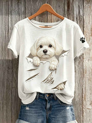 Women's Peeking Maltese Dog from Torn Crack Print short-sleeved T-shirt