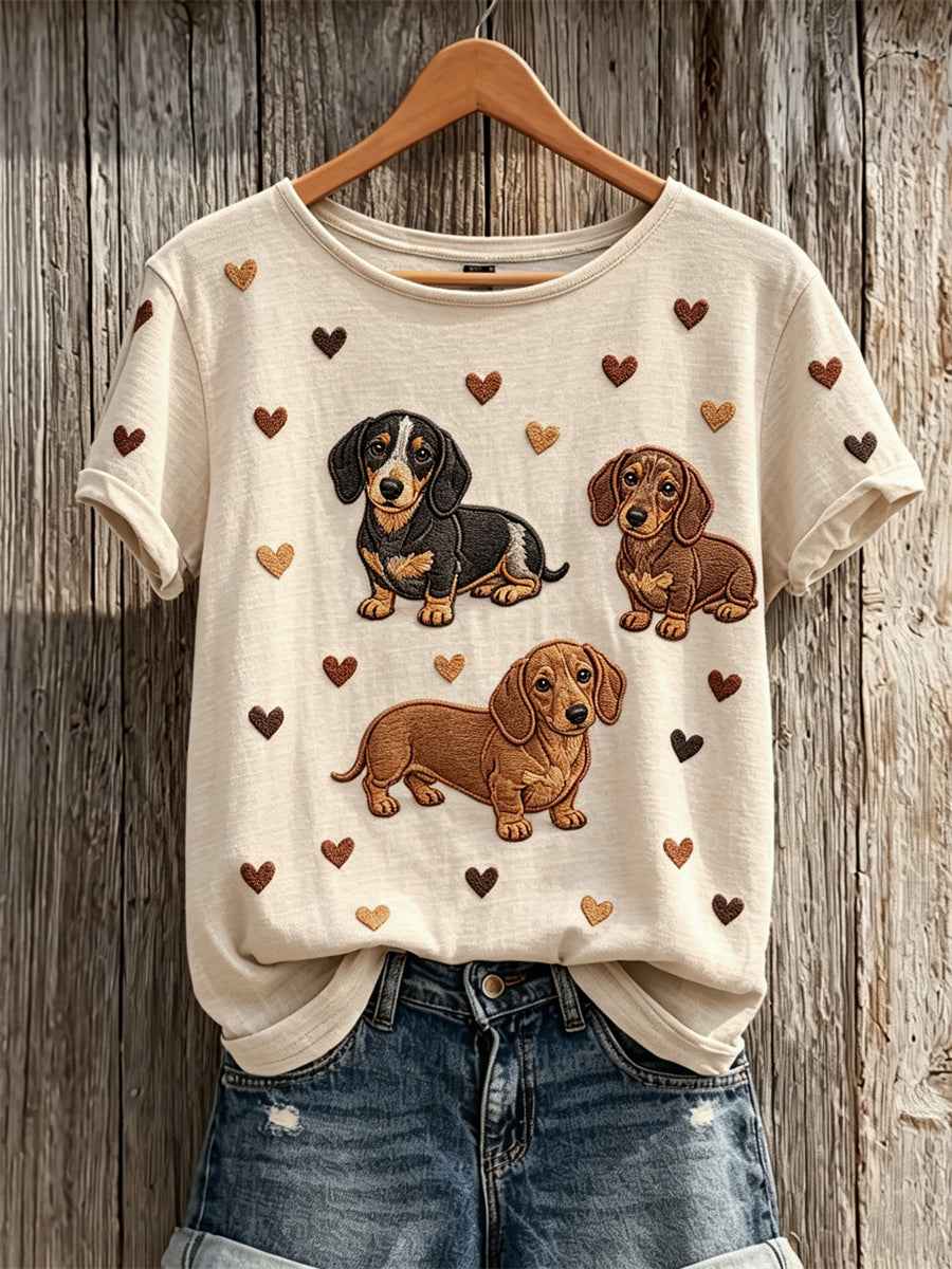 Women's Lovely Dachshund Dogs Hearts Pattern Print short-sleeved T-shirt