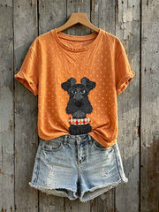 Women's Cute Schnauzer Polka Dots Print Short-sleeved T-shirt