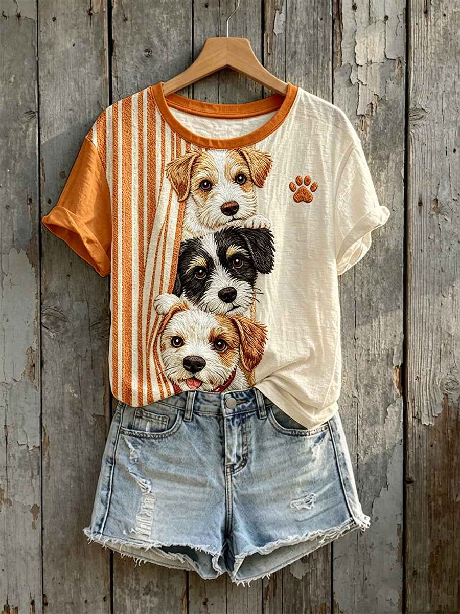 Women's Lovely Dogs Peeking Print Short-sleeved T-shirt