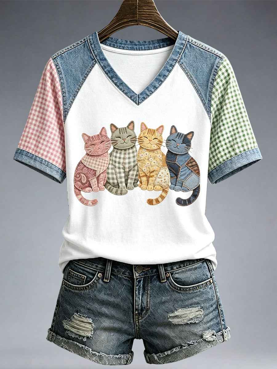 Women's Lovely Cat Patchwork Art T-Shirt