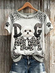 Women's Peeking Maltese Dog Mom Paw Prints Leopard Print short-sleeved T-shirt