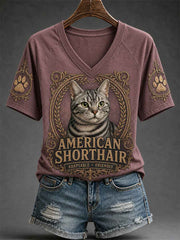 Women's Retro Cat Print Casual V-Neck Tee