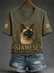 Women's Retro Cat Print Casual V-Neck Tee