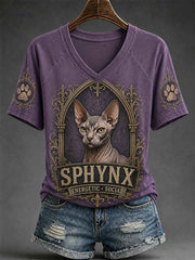 Women's Retro Cat Print Casual V-Neck Tee