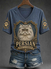 Women's Retro Cat Print Casual V-Neck Tee