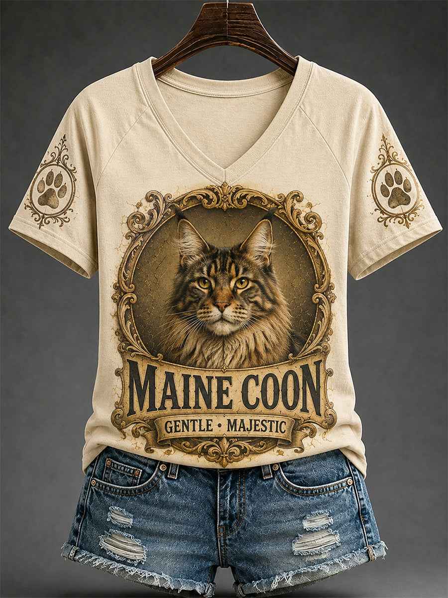Women's Retro Cat Print Casual V-Neck Tee