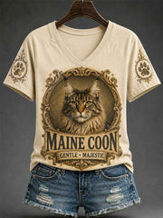 Women's Retro Cat Print Casual V-Neck Tee
