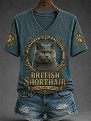 Women's Retro Cat Print Casual V-Neck Tee