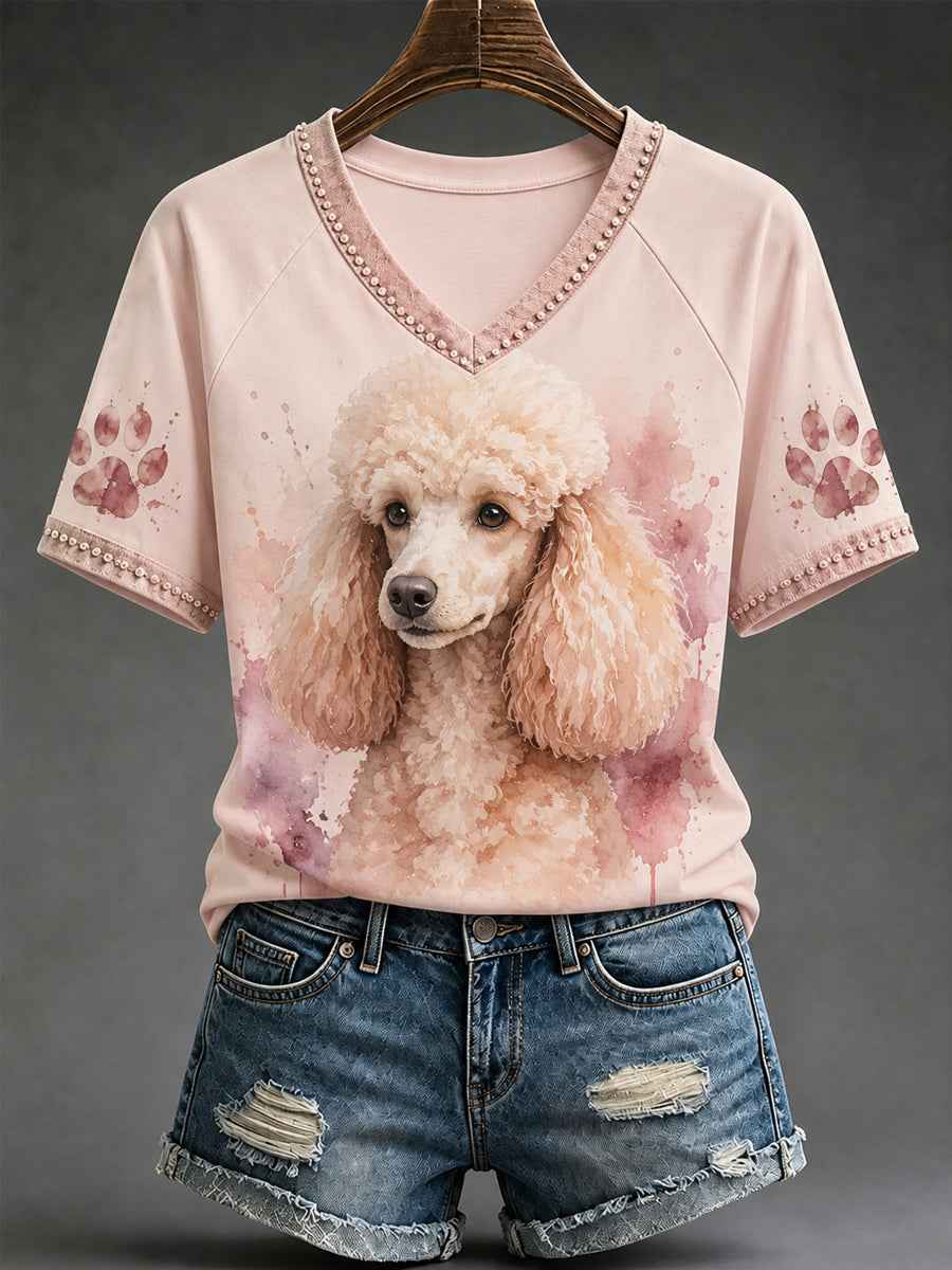 Women's Cute Watercolor Dog Print Gift For Pet Lovers Casual V-Neck Tee