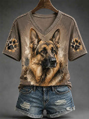 Women's Cute Watercolor Dog Print Gift For Pet Lovers Casual V-Neck Tee