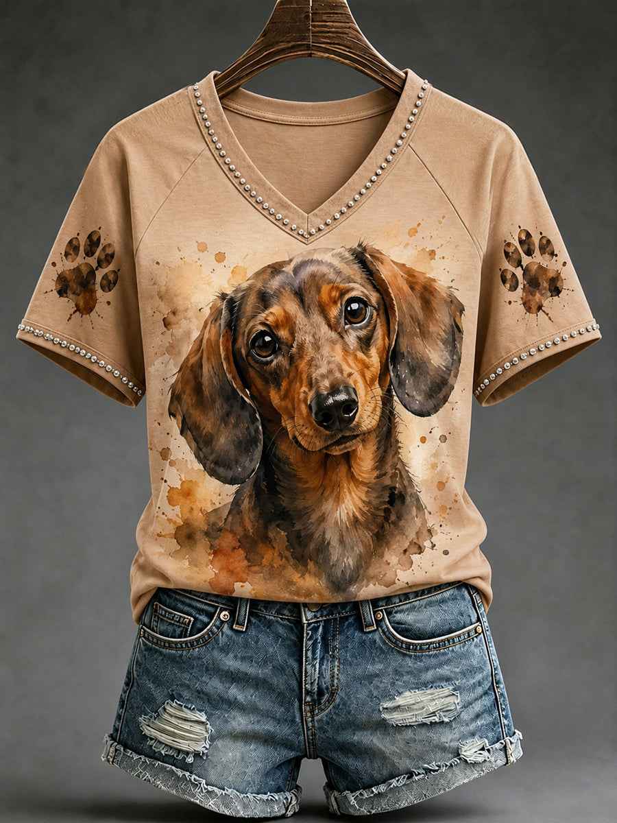 Women's Cute Watercolor Dog Print Gift For Pet Lovers Casual V-Neck Tee