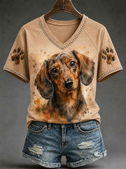 Women's Cute Watercolor Dog Print Gift For Pet Lovers Casual V-Neck Tee