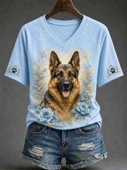 Women's Retro Dog Print Casual V-Neck Tee