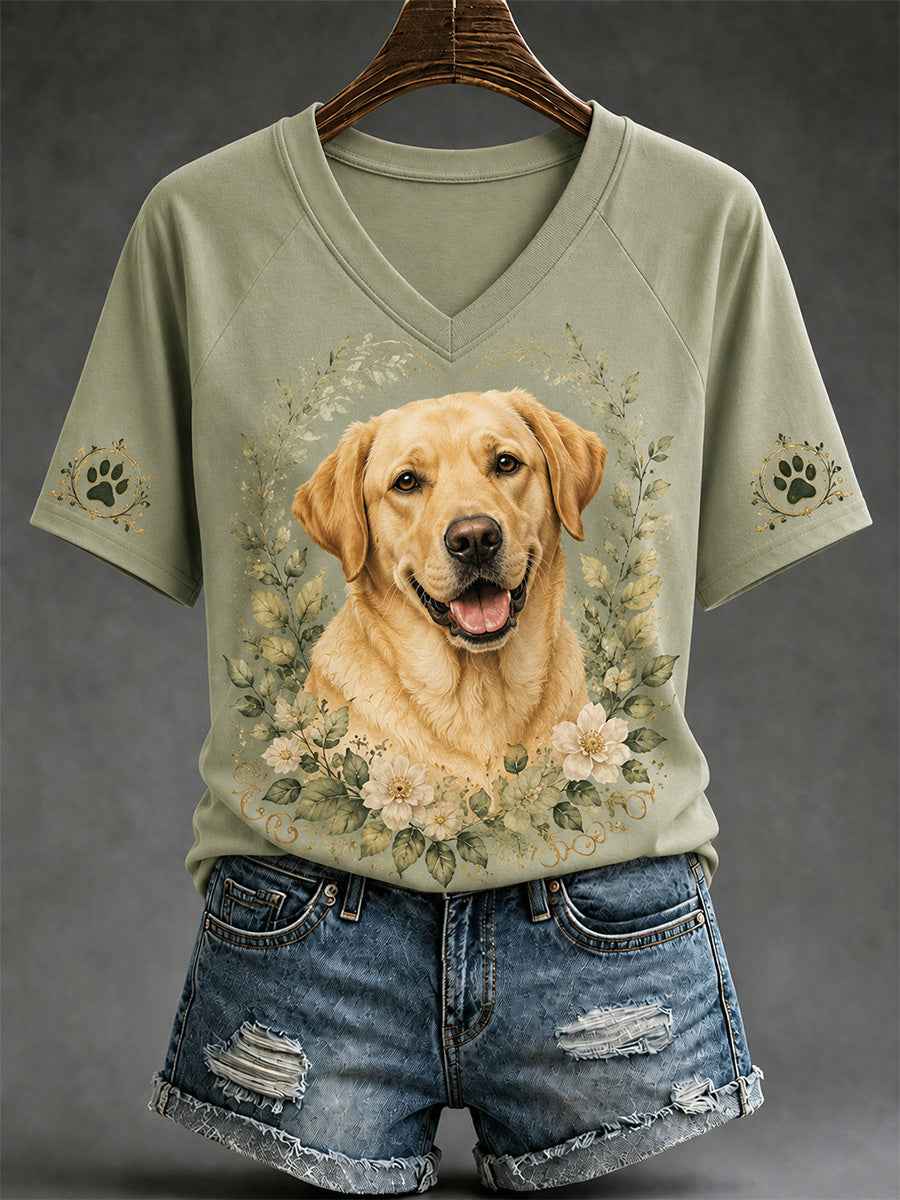Women's Retro Dog Print Casual V-Neck Tee