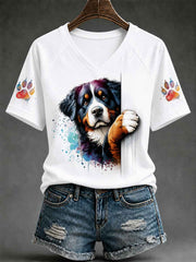 Women's Cute Dog Print Gift For Pet Lovers Casual V-Neck Tee